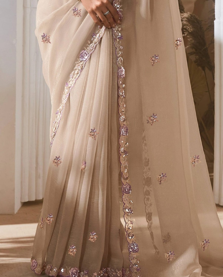 BEIGE - Winsome Beige Floral Embroidery Organza Festive Wear Saree With Blouse