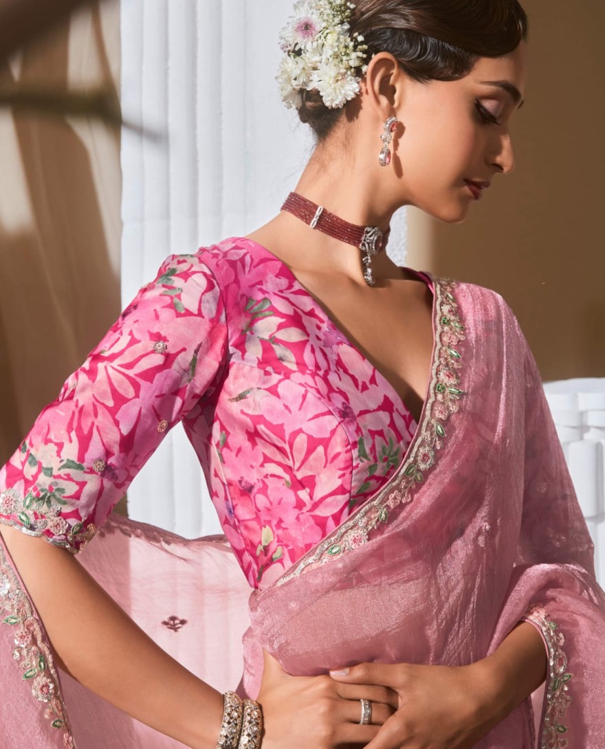 PINK - Lovable Baby Pink Sequins Embroidery Organza Party Wear Saree With Blouse