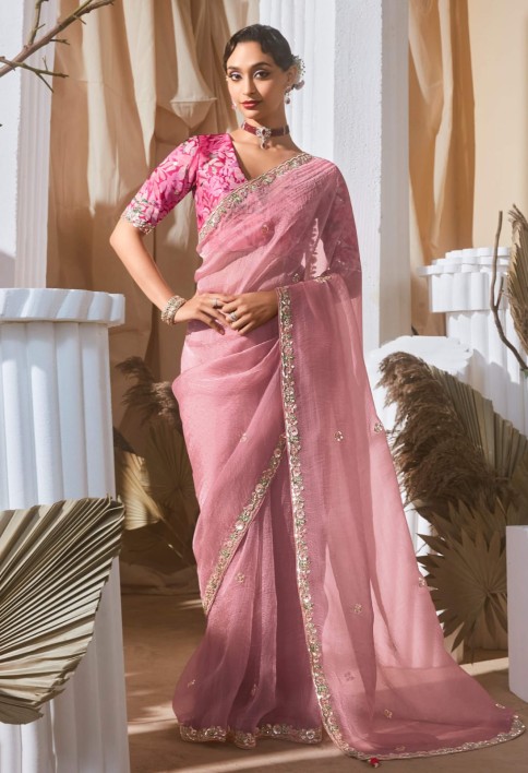 Lovable Baby Pink Sequins Embroidery Organza Party Wear Saree With Blouse