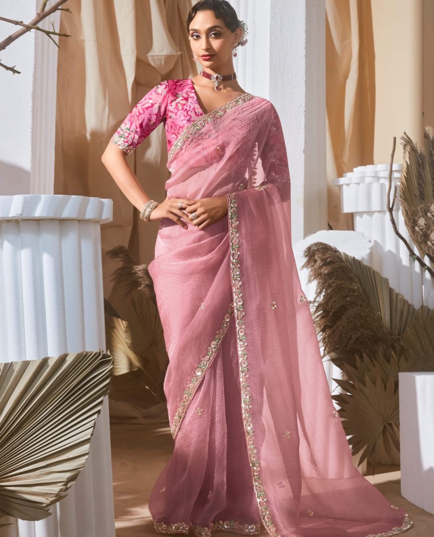 PINK - Lovable Baby Pink Sequins Embroidery Organza Party Wear Saree With Blouse