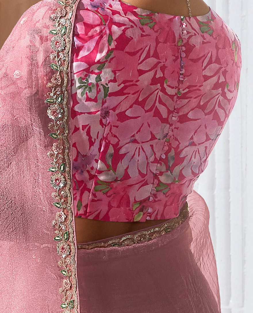 PINK - Lovable Baby Pink Sequins Embroidery Organza Party Wear Saree With Blouse