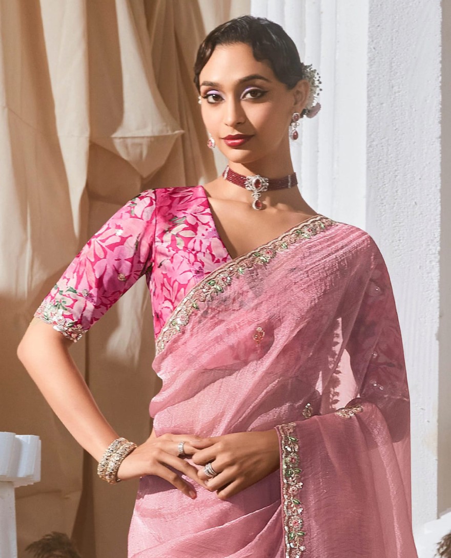 PINK - Lovable Baby Pink Sequins Embroidery Organza Party Wear Saree With Blouse