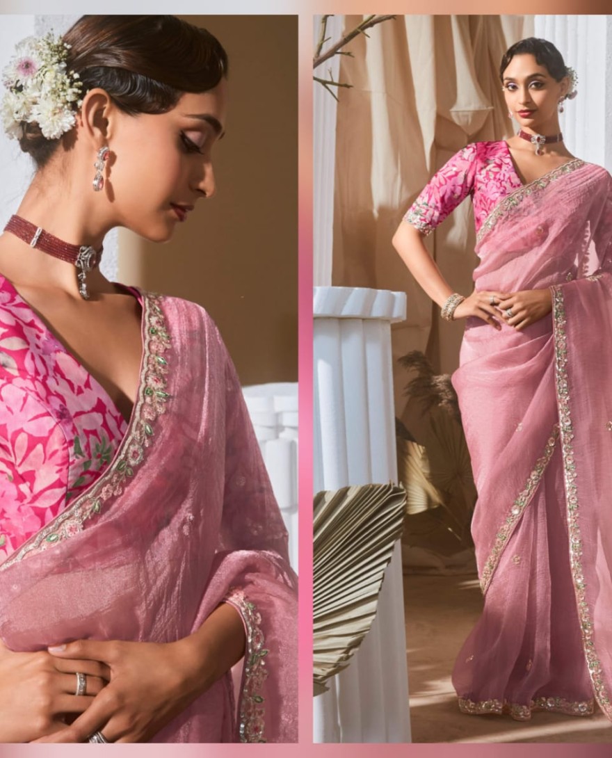 PINK - Lovable Baby Pink Sequins Embroidery Organza Party Wear Saree With Blouse