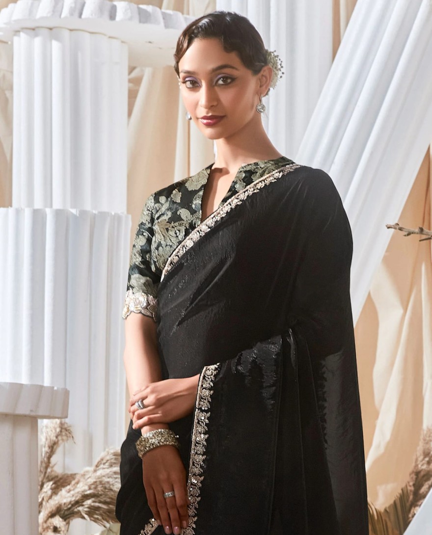 BLACK - Sweet Black Border Work Organza Event Wear Saree With Blouse