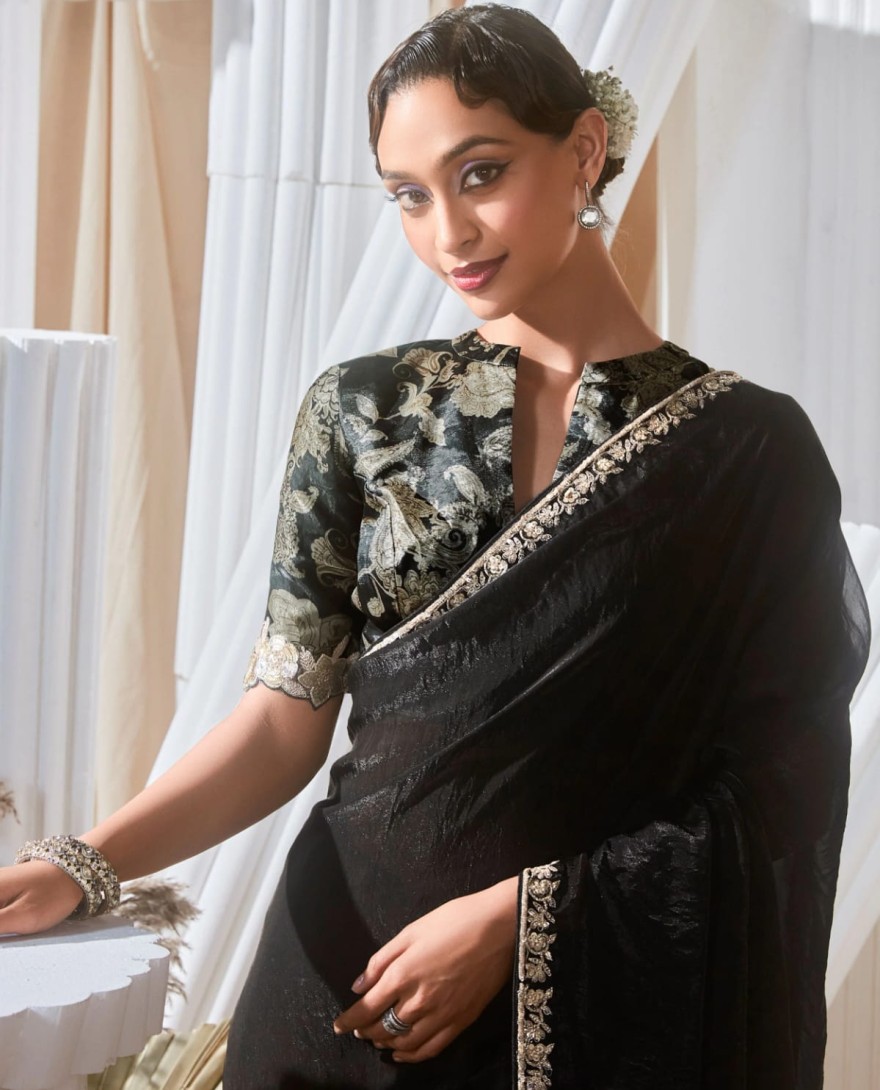 BLACK - Sweet Black Border Work Organza Event Wear Saree With Blouse