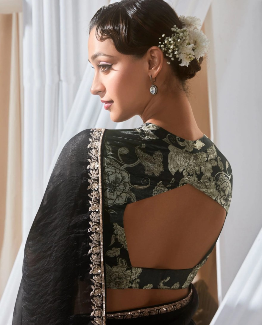 BLACK - Sweet Black Border Work Organza Event Wear Saree With Blouse