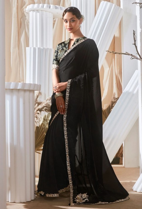 Sweet Black Border Work Organza Event Wear Saree With Blouse