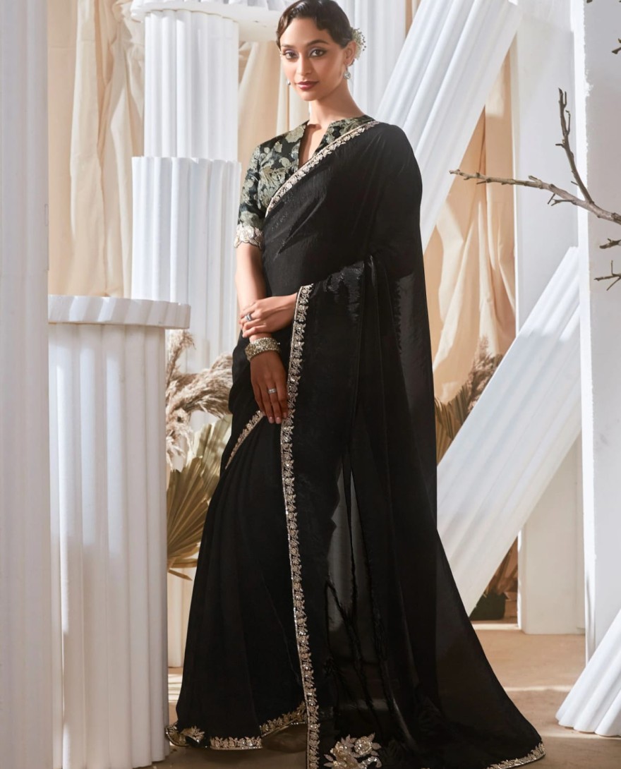 BLACK - Sweet Black Border Work Organza Event Wear Saree With Blouse