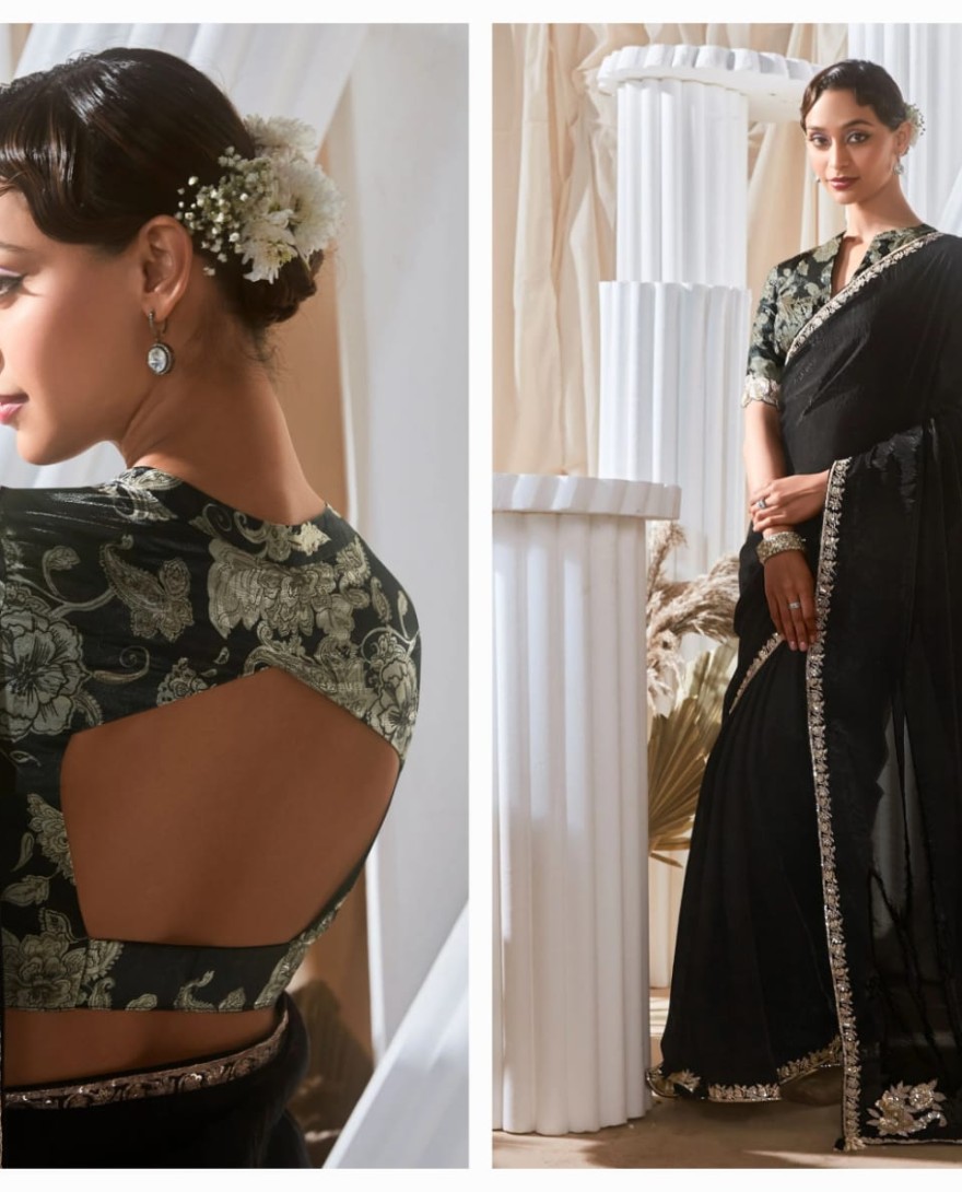 BLACK - Sweet Black Border Work Organza Event Wear Saree With Blouse
