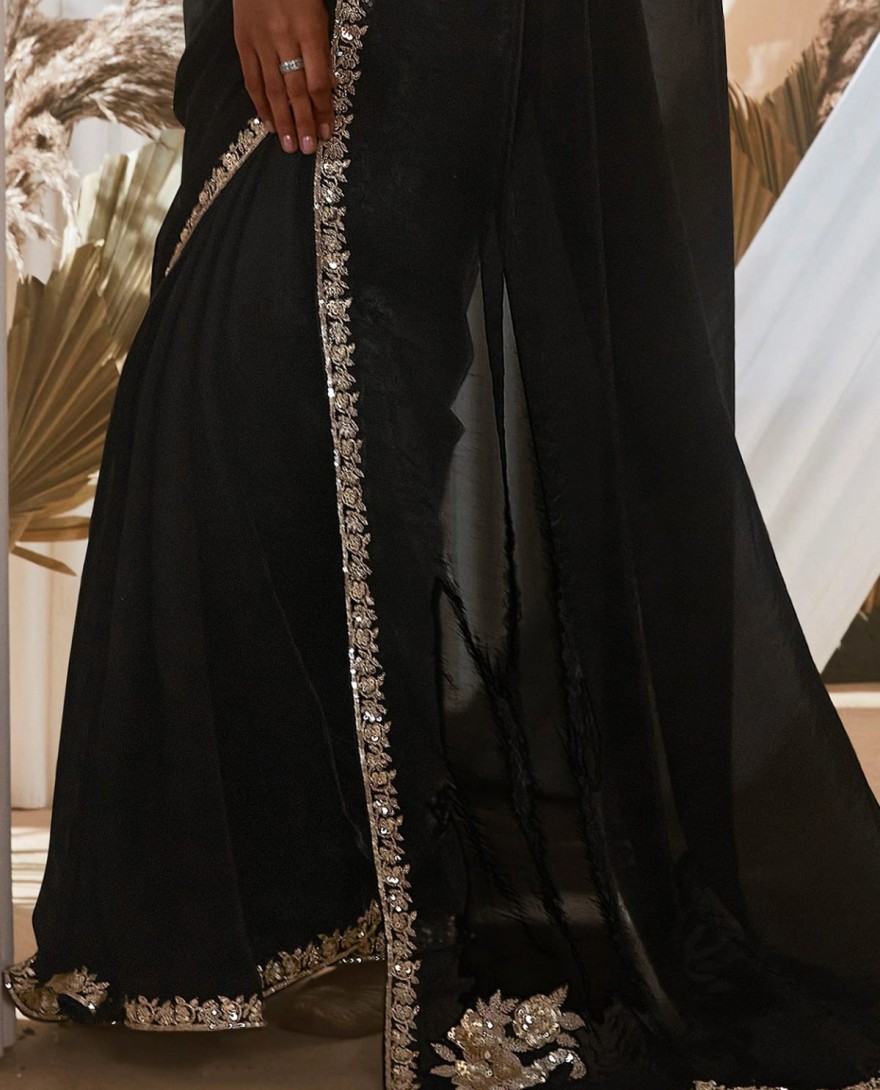 BLACK - Sweet Black Border Work Organza Event Wear Saree With Blouse
