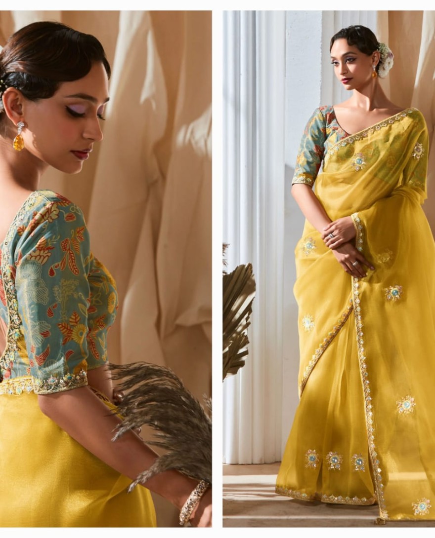 YELLOW - Tantalizing Embroidered Organza Haldi Wear Saree With Blouse