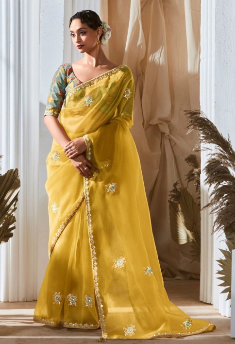 Tantalizing Embroidered Organza Haldi Wear Saree With Blouse