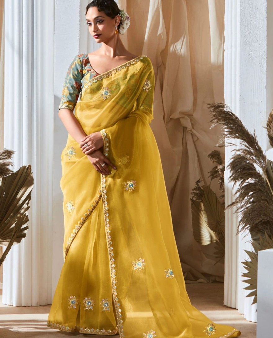 YELLOW - Tantalizing Embroidered Organza Haldi Wear Saree With Blouse