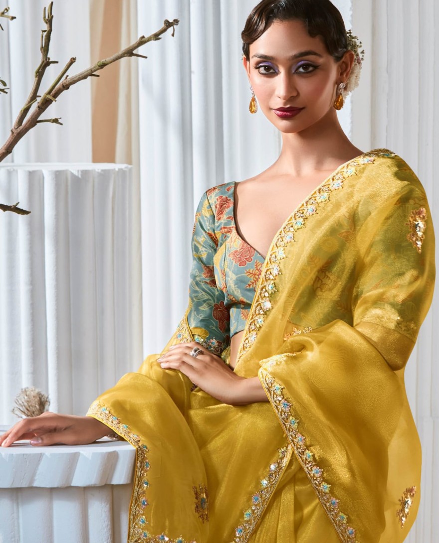 YELLOW - Tantalizing Embroidered Organza Haldi Wear Saree With Blouse