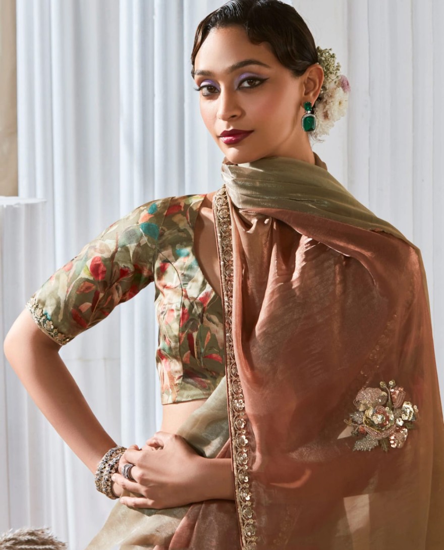 Golden - Mesmerizing Light Green Thread Work Organza Function Wear Saree With Blouse