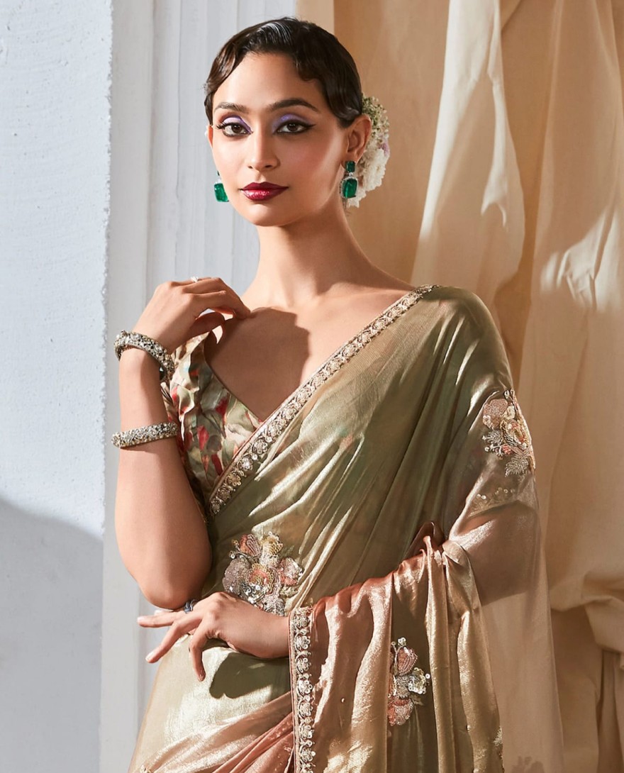 Golden - Mesmerizing Light Green Thread Work Organza Function Wear Saree With Blouse