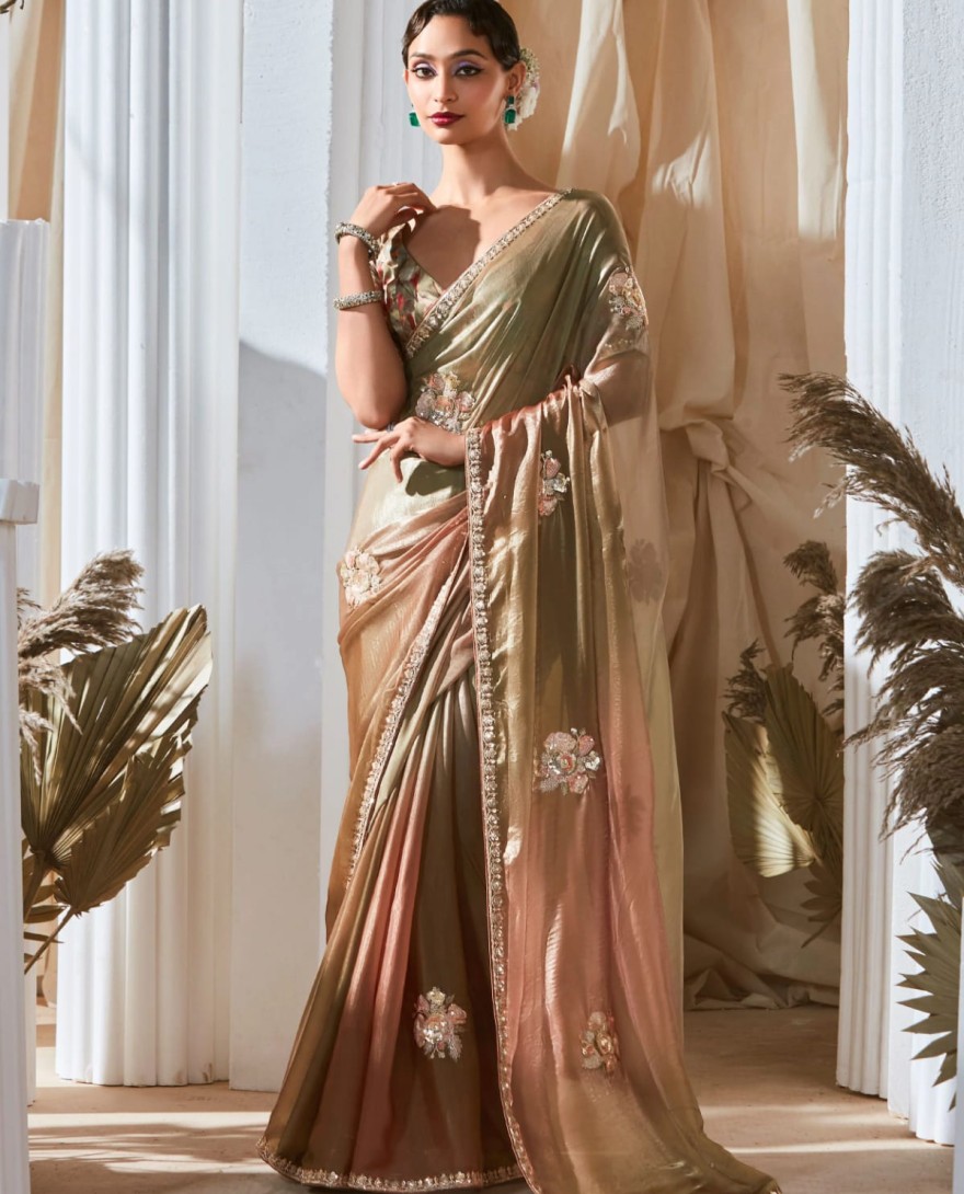 Golden - Mesmerizing Light Green Thread Work Organza Function Wear Saree With Blouse