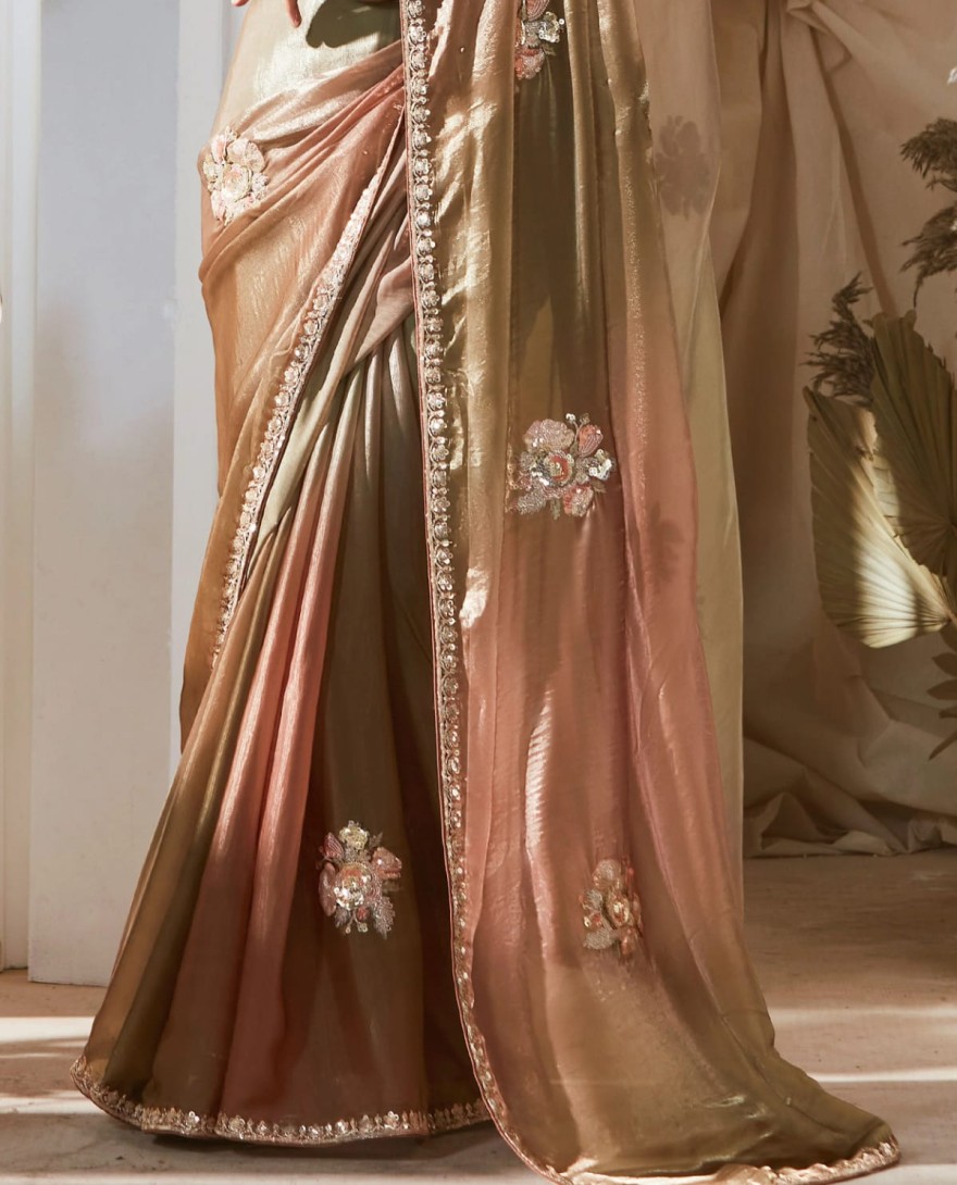 Golden - Mesmerizing Light Green Thread Work Organza Function Wear Saree With Blouse