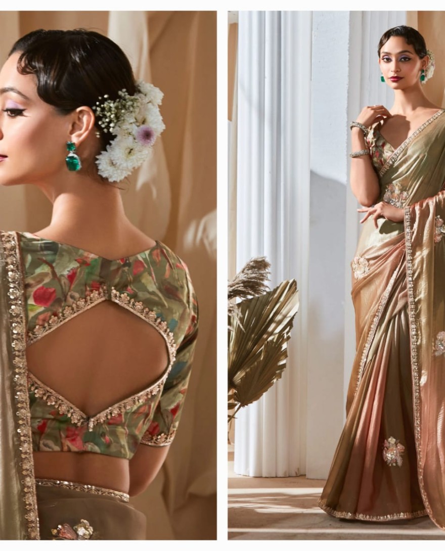 Golden - Mesmerizing Light Green Thread Work Organza Function Wear Saree With Blouse