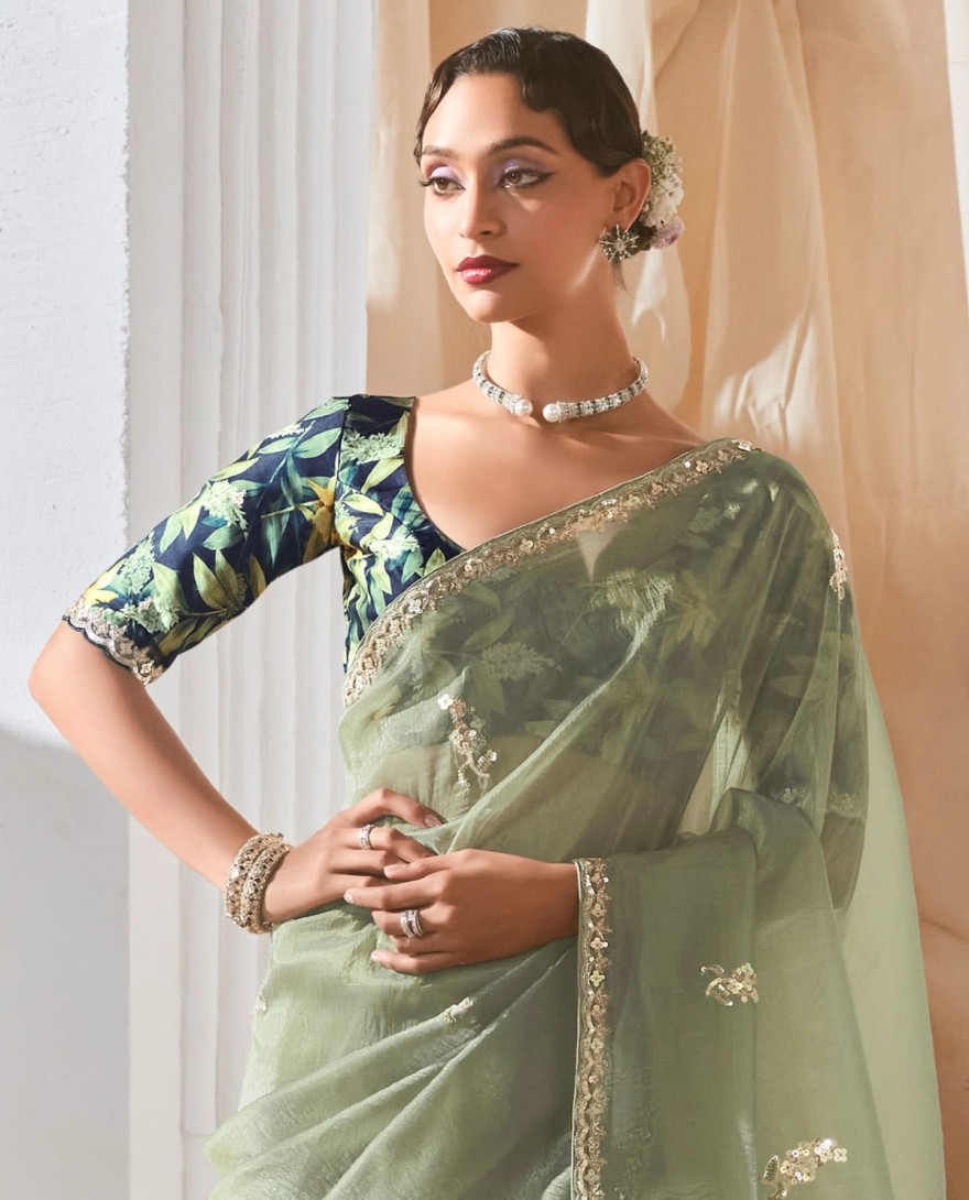 PASTEL GREEN - Spectacular Pastel Green Sequins Work Organza Evening Wear Saree With Blouse