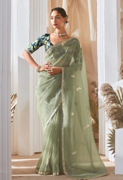 Spectacular Pastel Green Sequins Work Organza Evening Wear Saree With Blouse
