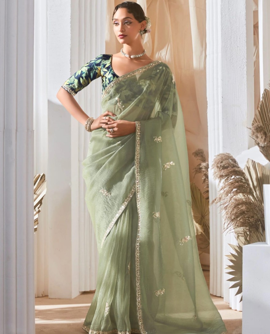 PASTEL GREEN - Spectacular Pastel Green Sequins Work Organza Evening Wear Saree With Blouse
