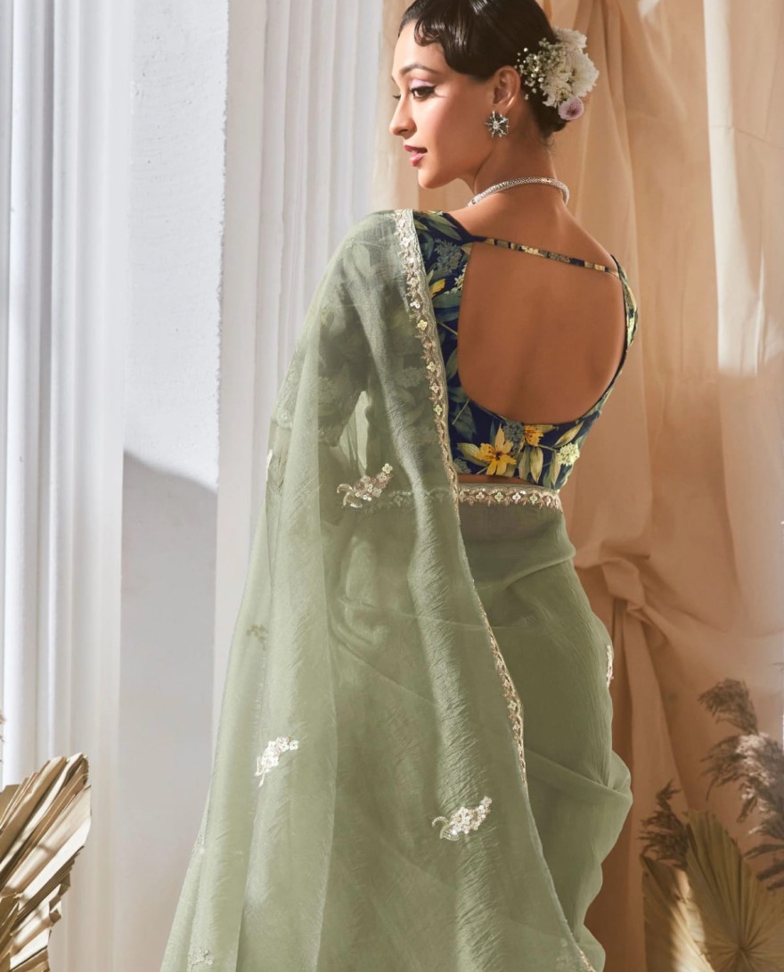 PASTEL GREEN - Spectacular Pastel Green Sequins Work Organza Evening Wear Saree With Blouse