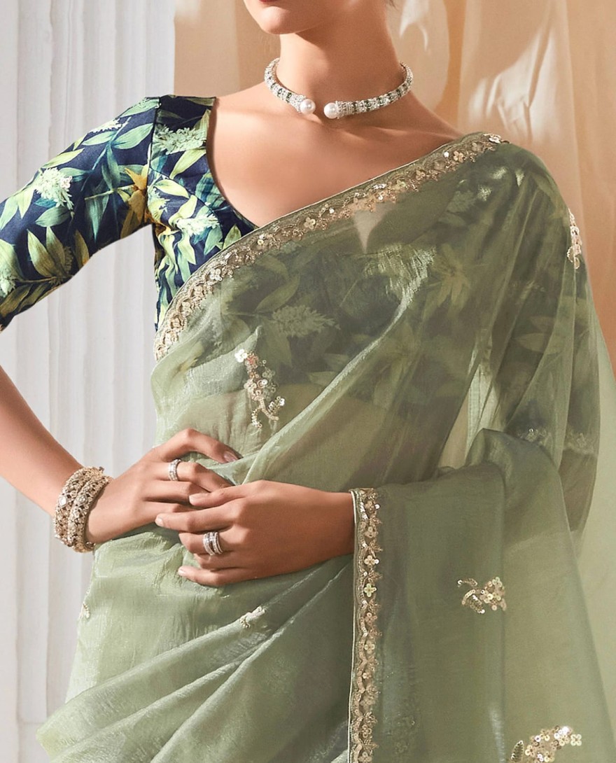 PASTEL GREEN - Spectacular Pastel Green Sequins Work Organza Evening Wear Saree With Blouse