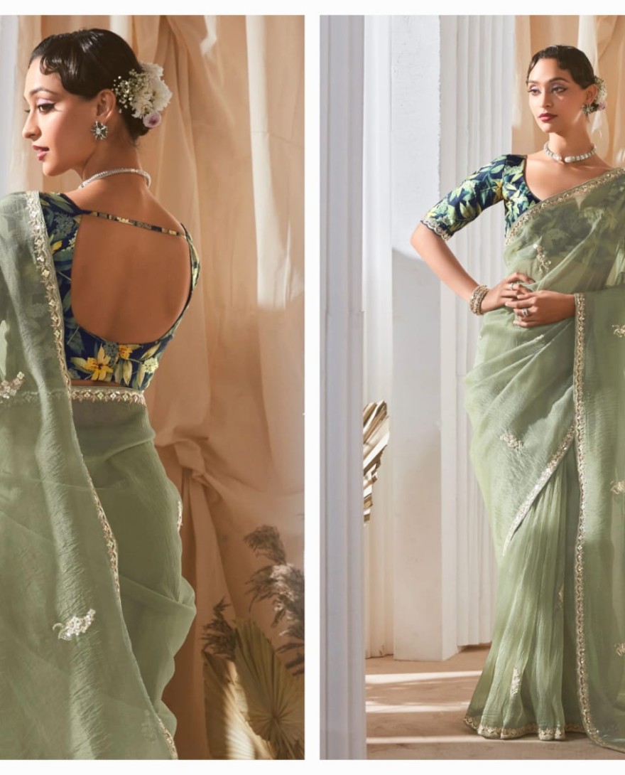 PASTEL GREEN - Spectacular Pastel Green Sequins Work Organza Evening Wear Saree With Blouse