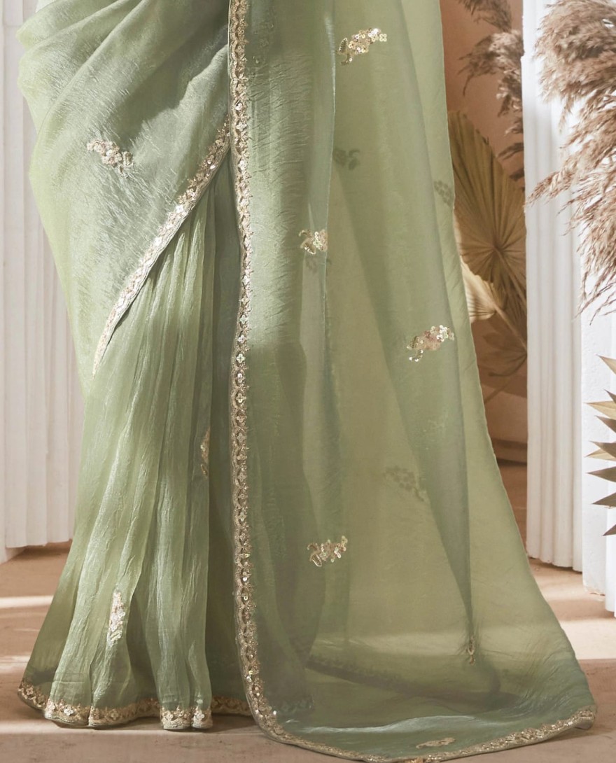 PASTEL GREEN - Spectacular Pastel Green Sequins Work Organza Evening Wear Saree With Blouse