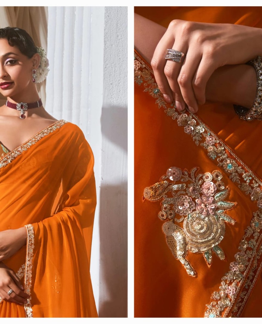 ORANGE - Stunning Orange Border Work Organza Festive Wear Saree With Blouse