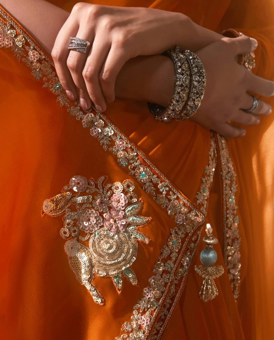 ORANGE - Stunning Orange Border Work Organza Festive Wear Saree With Blouse