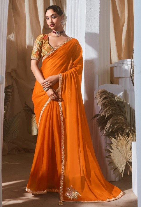 Stunning Orange Border Work Organza Festive Wear Saree With Blouse