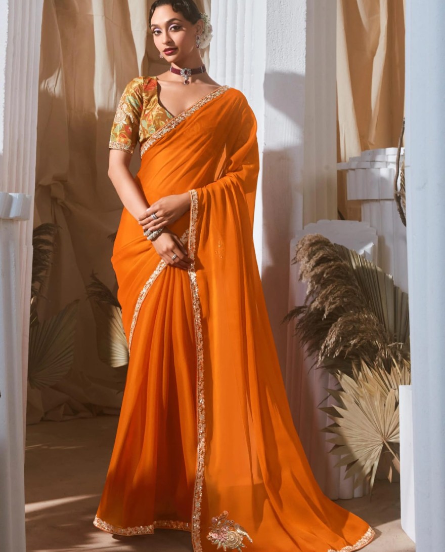 ORANGE - Stunning Orange Border Work Organza Festive Wear Saree With Blouse