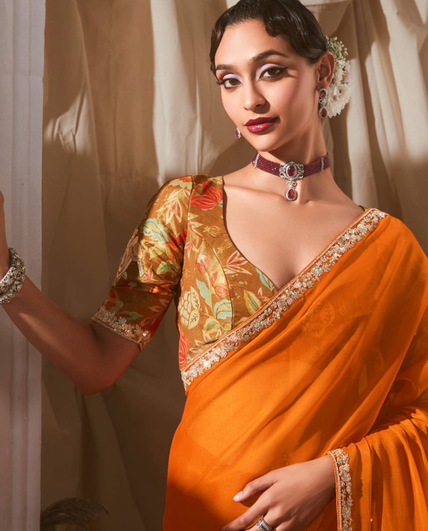 ORANGE - Stunning Orange Border Work Organza Festive Wear Saree With Blouse