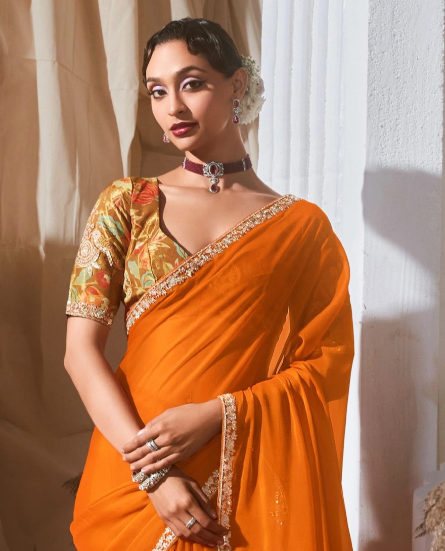 ORANGE - Stunning Orange Border Work Organza Festive Wear Saree With Blouse