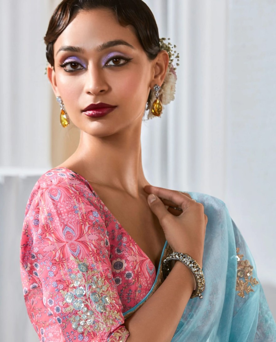 BLUE - Outstanding Sky Blue Embroidered Organza Saree With Pink Blouse