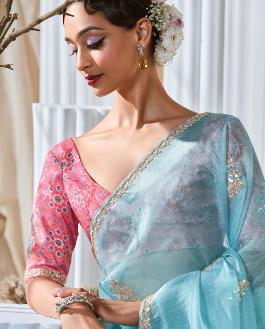 BLUE - Outstanding Sky Blue Embroidered Organza Saree With Pink Blouse
