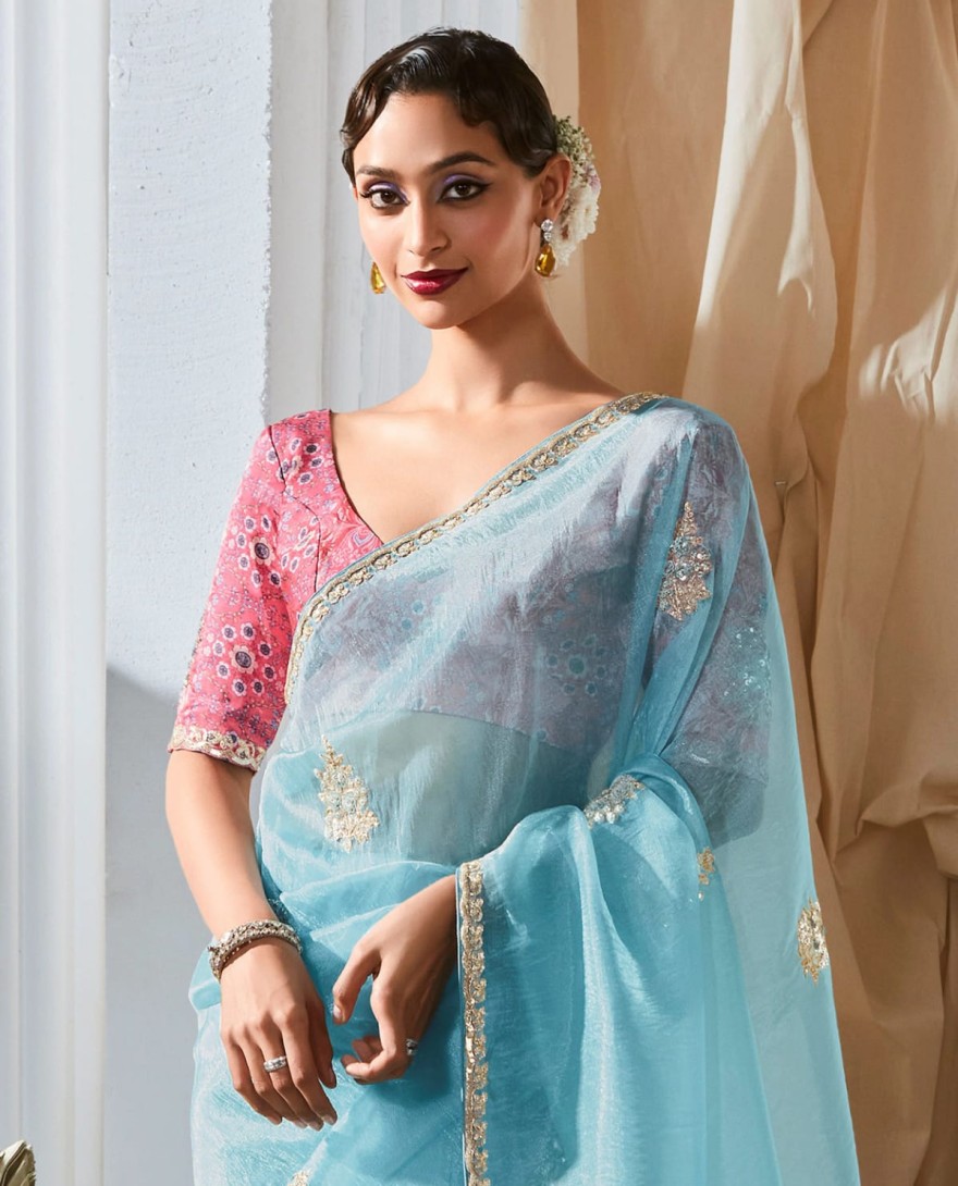 BLUE - Outstanding Sky Blue Embroidered Organza Saree With Pink Blouse