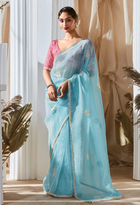 Outstanding Sky Blue Embroidered Organza Saree With Pink Blouse