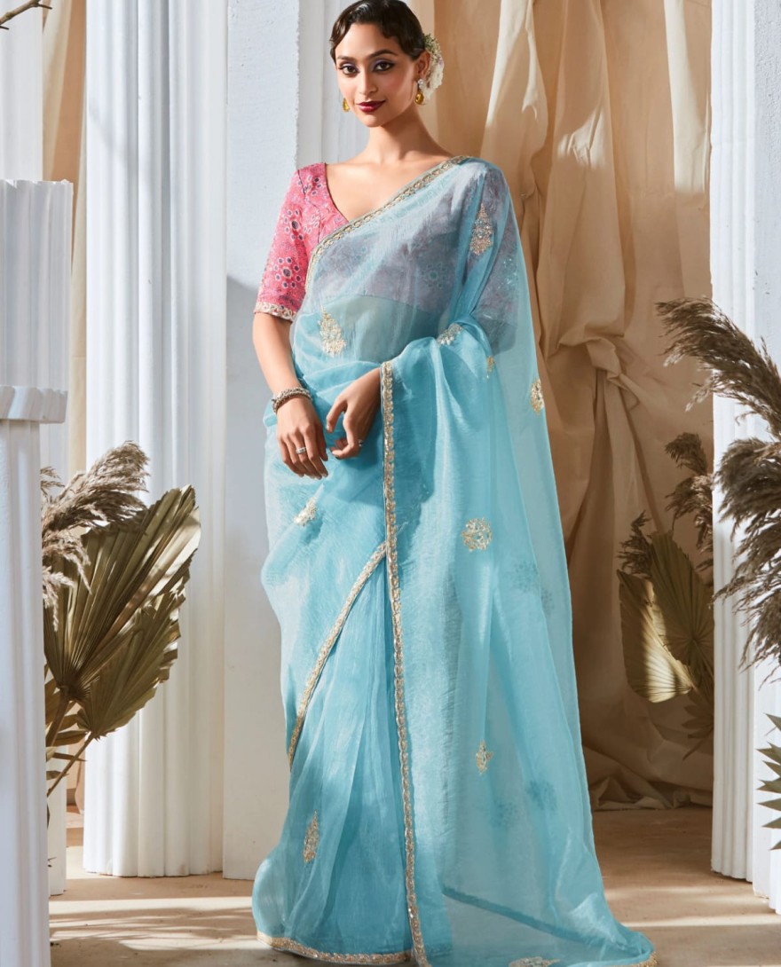 BLUE - Outstanding Sky Blue Embroidered Organza Saree With Pink Blouse