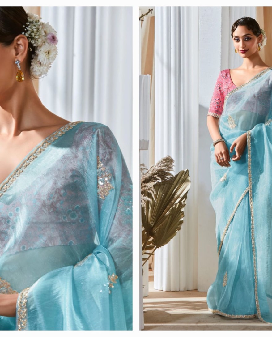 BLUE - Outstanding Sky Blue Embroidered Organza Saree With Pink Blouse