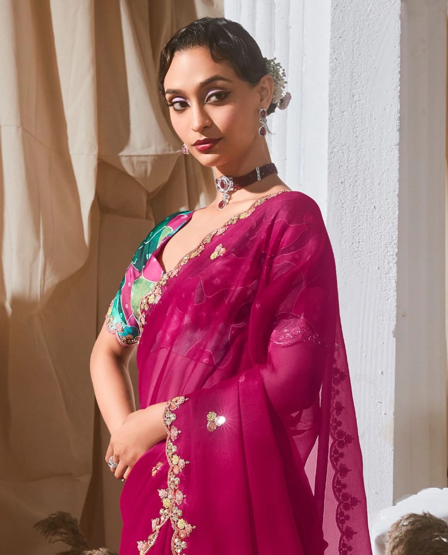 PINK - Alluring Hot Pink Sequins Embroidery Organza Party Wear Saree With Blouse
