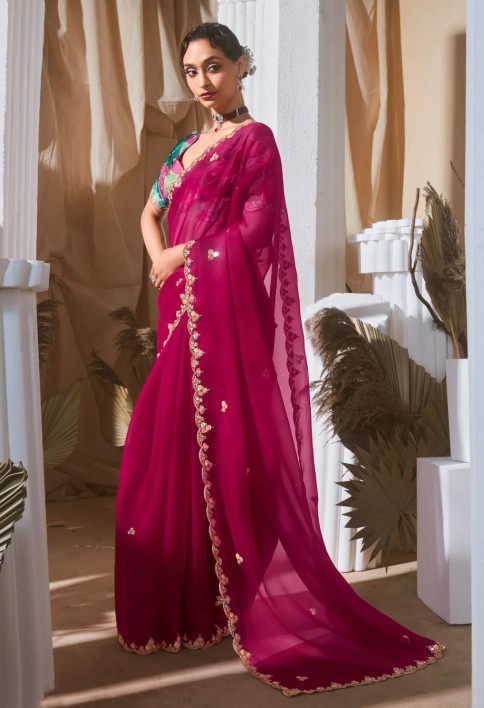 Alluring Hot Pink Sequins Embroidery Organza Party Wear Saree With Blouse