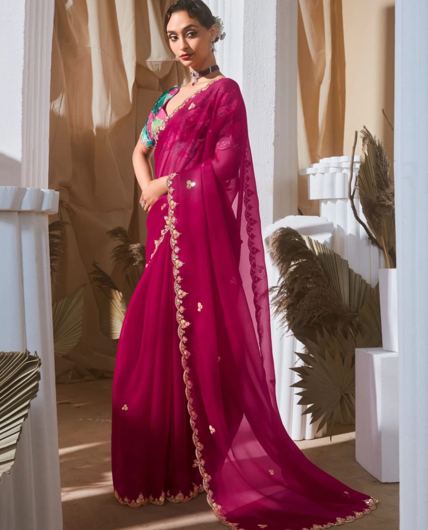 PINK - Alluring Hot Pink Sequins Embroidery Organza Party Wear Saree With Blouse