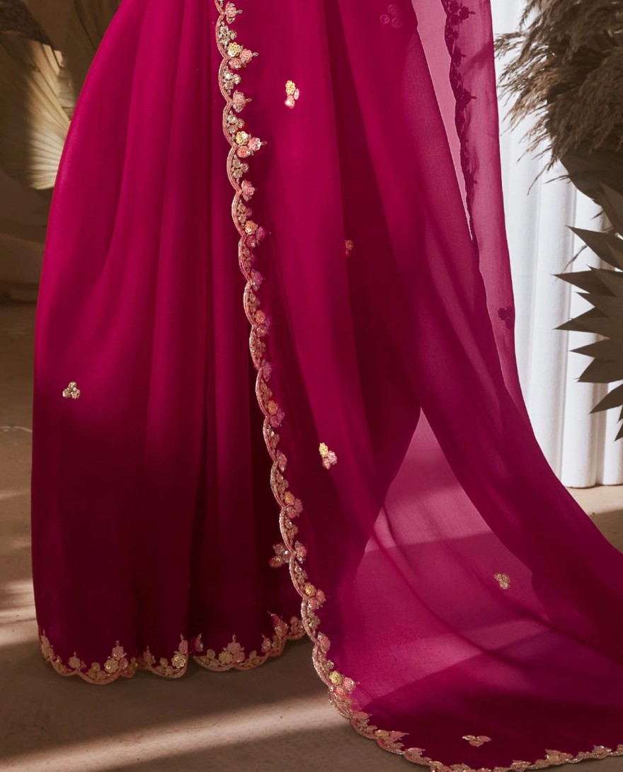 PINK - Alluring Hot Pink Sequins Embroidery Organza Party Wear Saree With Blouse
