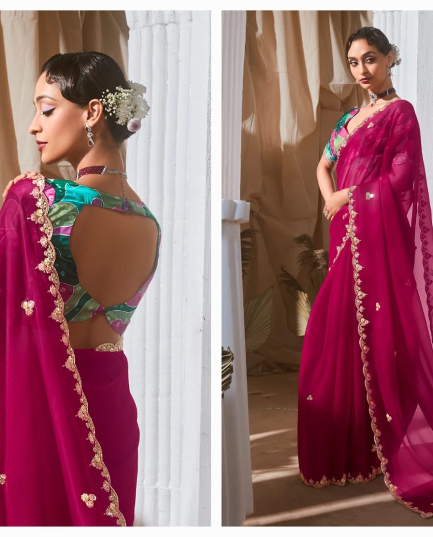 PINK - Alluring Hot Pink Sequins Embroidery Organza Party Wear Saree With Blouse