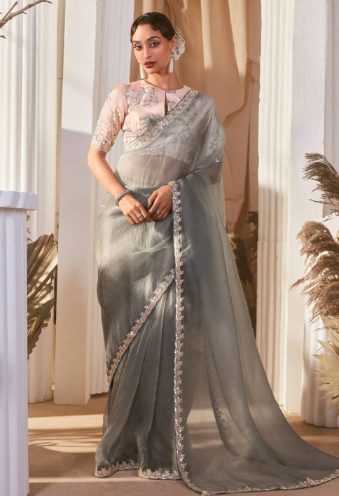Amazing Grey Border Work Organza Reception Wear Saree With Blouse