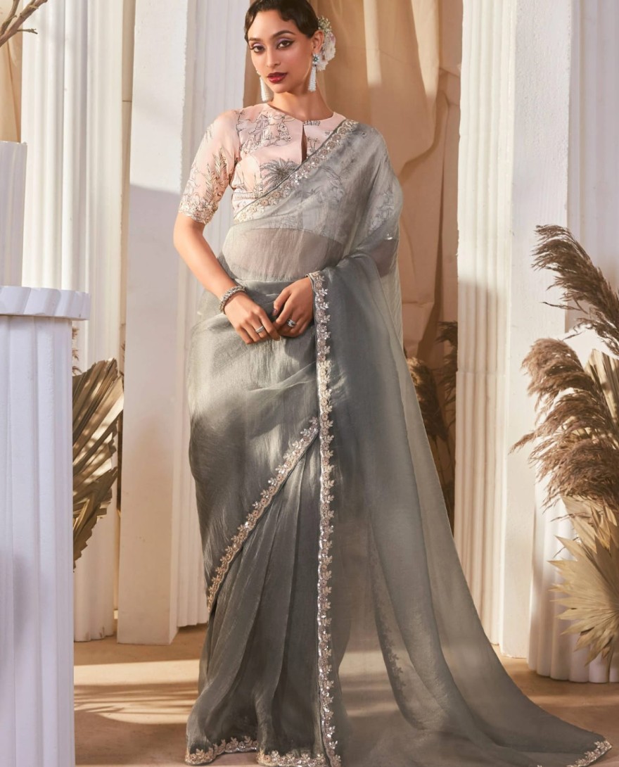 GREY - Amazing Grey Border Work Organza Reception Wear Saree With Blouse