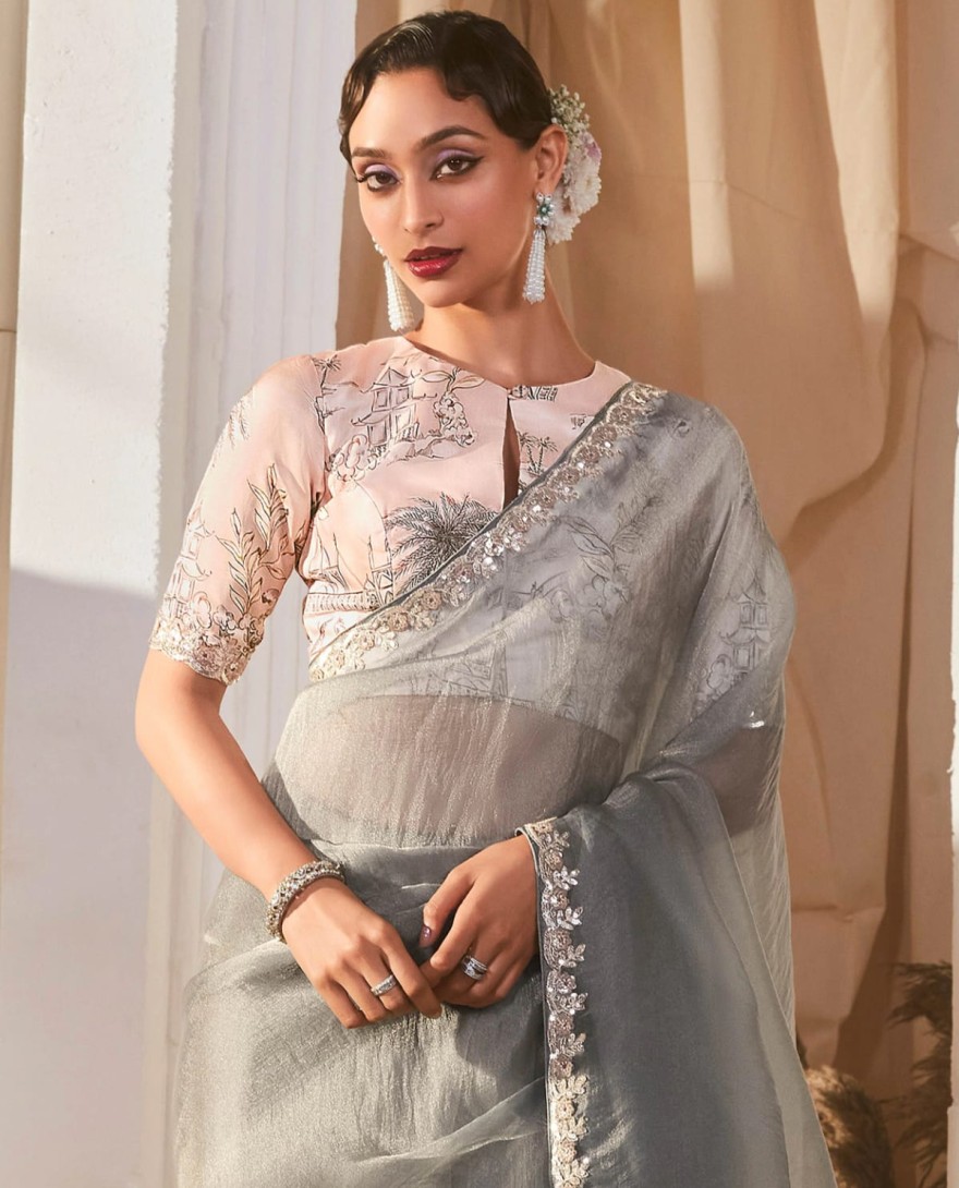 GREY - Amazing Grey Border Work Organza Reception Wear Saree With Blouse